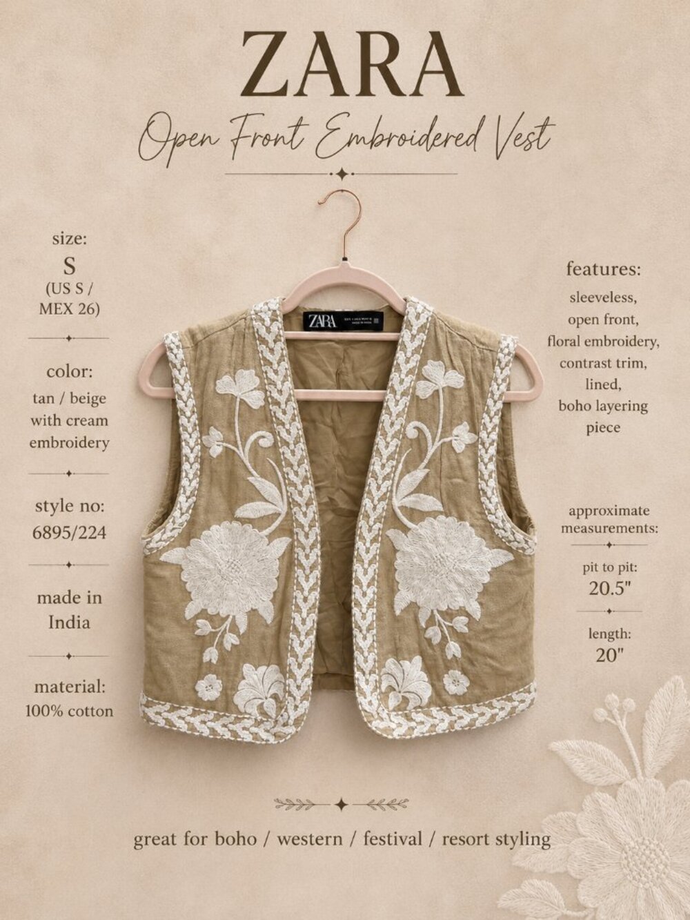 ZARA Open Front Embroidered Floral Boho Vest Cotton Western Waistcoat Size S - Picture 7 of 8